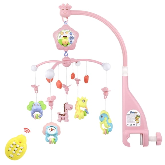 Baby Crib Mobile with Remote Control, Music, Star Planet Projector, 360 Rotation - Pink Musical Baby Mobile with Detachable Chewable Rattles & Teethers