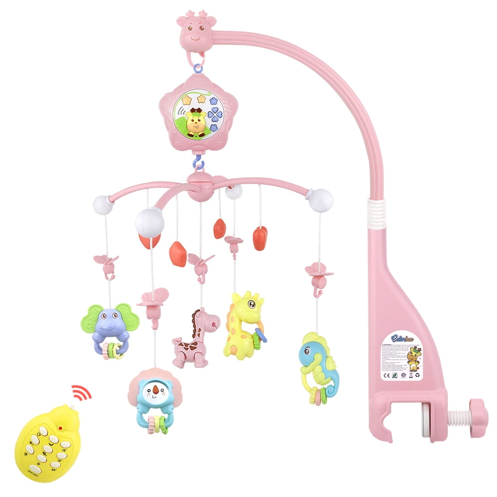 Baby Crib Mobile with Remote Control, Music, Star Planet Projector, 360° Rotation - Pink Musical Baby Mobile with Detachable Chewable Rattles & Teethers