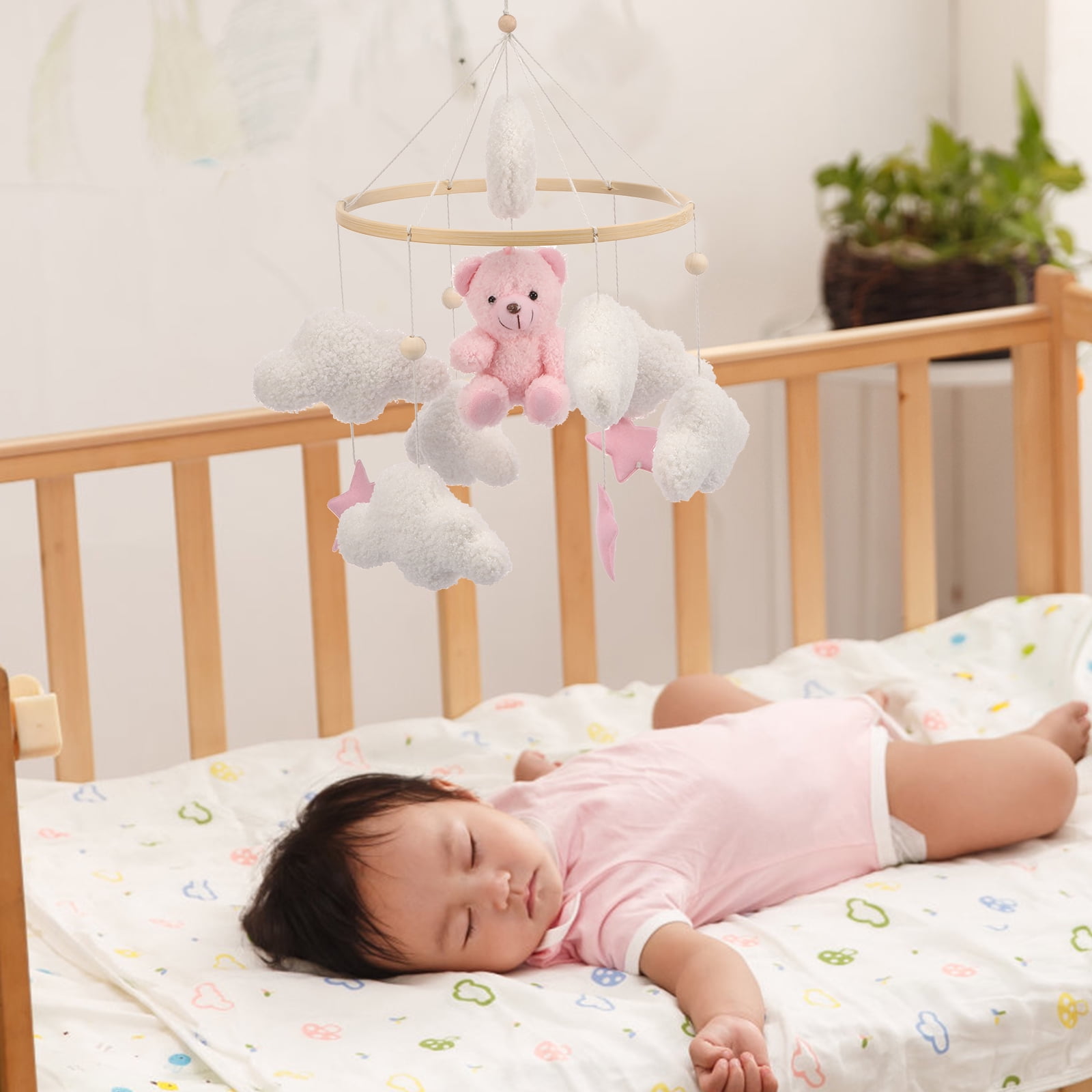 Baby Crib Mobile Soft Plush and Wood Nursery Mobile Cute Baby Bed Bell Charming Nursery Decor for Infant Newborn Boy Girl