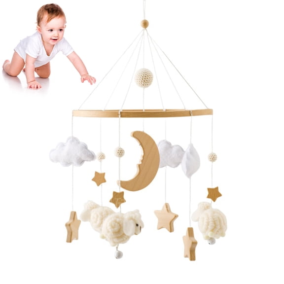 Baby Crib Mobile Wind Chime – Wooden Bed Bell Hanging Pendant, Soothing Toy for Newborns, Home Nursery Decoration, Cream-Coloured