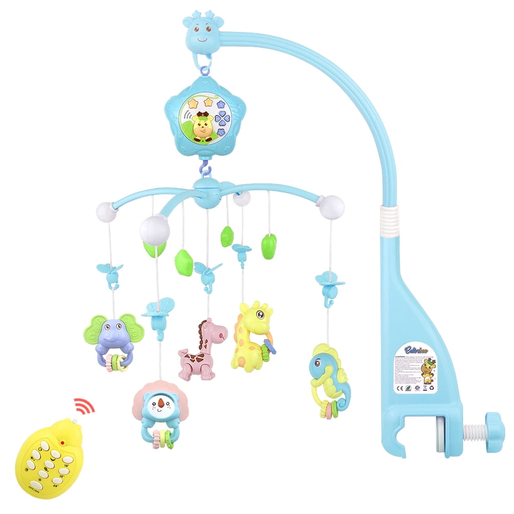 Baby Crib Mobile with Remote Control, Music, Star Planet Projector, 360° Rotation -  Musical Baby Mobile with Detachable Chewable Rattles & Teethers
