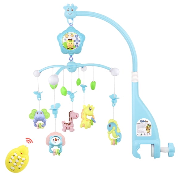 Baby Crib Mobile with Remote Control, Music, Star Planet Projector, 360 Rotation - Musical Baby Mobile with Detachable Chewable Rattles & Teethers