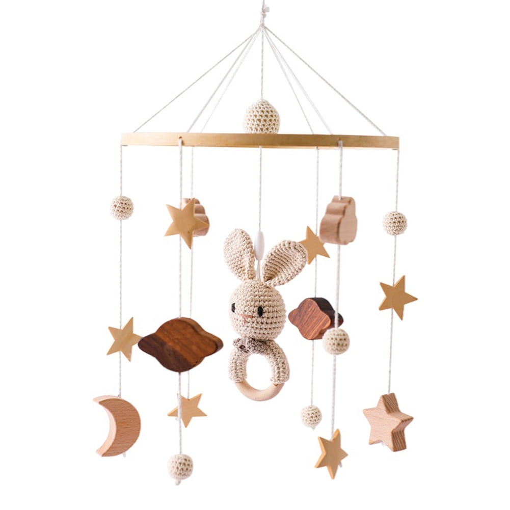 Baby Crib Mobile with Wooden Wind Chimes, Crochet Star Moon Cloud Hanging Bed Bell for Newborn Sleep Soothing, Rotating Crib Decoration