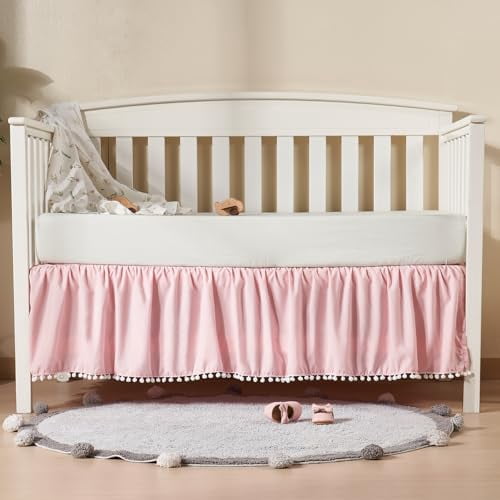 Baby Crib Skirt Girls Boys, Ruffled Bed Skirt with Pompoms, 28”x 52”, 14'' Drop, Pink