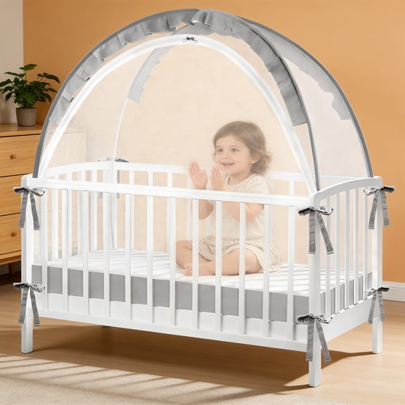 Baby Crib Tent, Pop Up Mosquito Crib Net with Double Zipper Self-Locked,1200 Holes/Inch Mesh to Keep Baby from Climbing Out, Portable Easy Install Mosquito Net 51.18" L x 27.56" W x 51.18" H