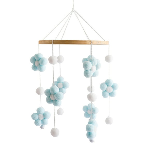 Baby Crib Wind Chimes Cotton Flower Pendant Hanging Toy, Soothing Blue Nursery Mobile for Newborns