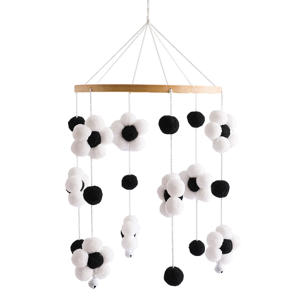 Baby Crib Wind Chimes – Cotton Flower Pendant Hanging Toy, Soothing Nursery Mobile for Newborns, Black