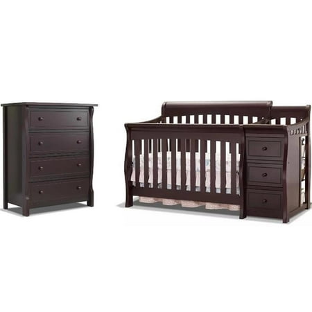 Baby Crib with Changing Table and 4 Drawer Dresser Chest Set in Espresso