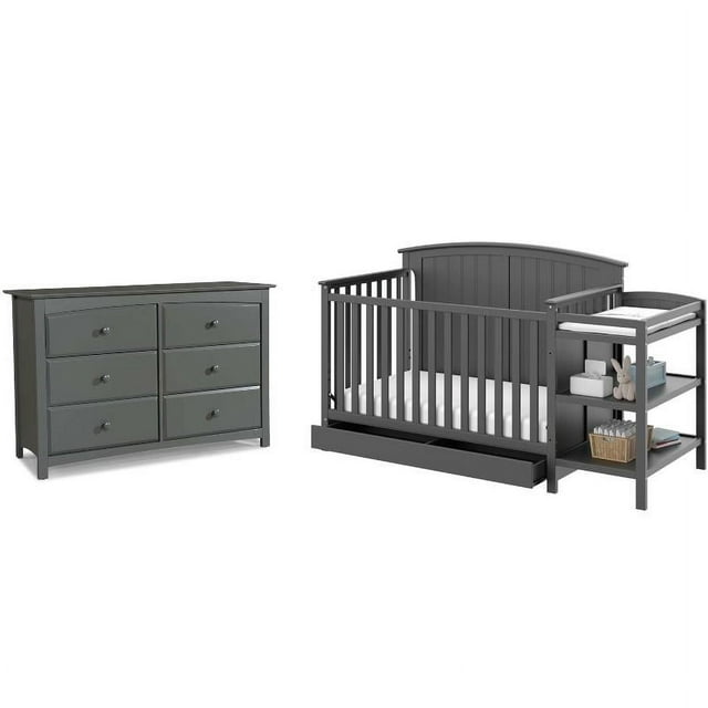 Baby Crib with Changing Table and 6 Drawer Double Dresser Set in Slate
