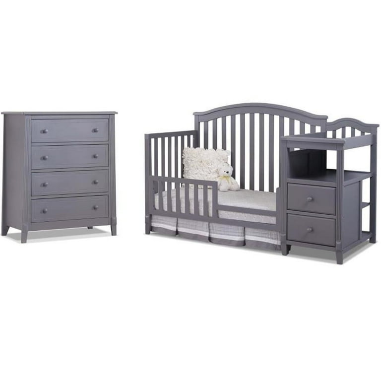 Baby Crib with Changing Table and Dresser Chest 2 Piece Set in Gray