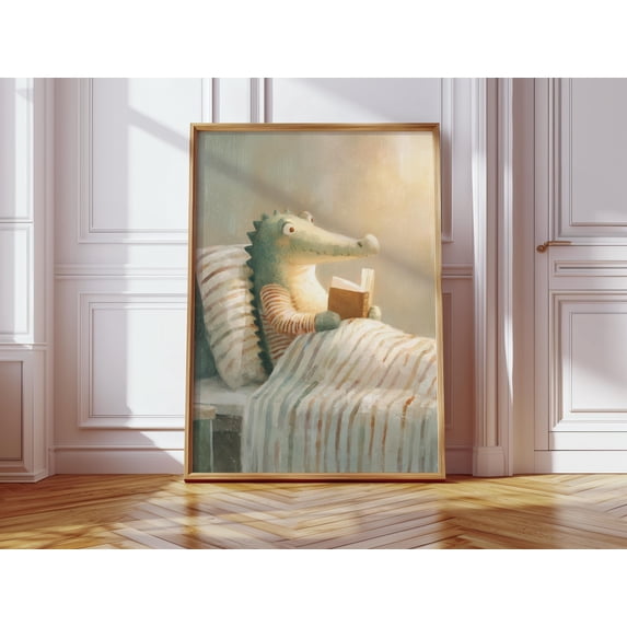Baby Crocodile Reading Book In Cozy Bed Print, Whimsical Animal Art ...