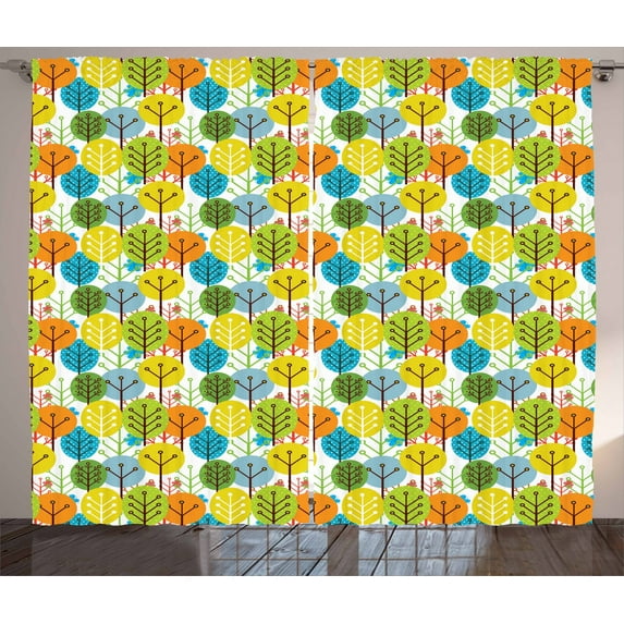 Ambesonne Cartoon Curtains 2 Panel Set, Summer Trees Pattern Simple, 108" x 63", Multicolor