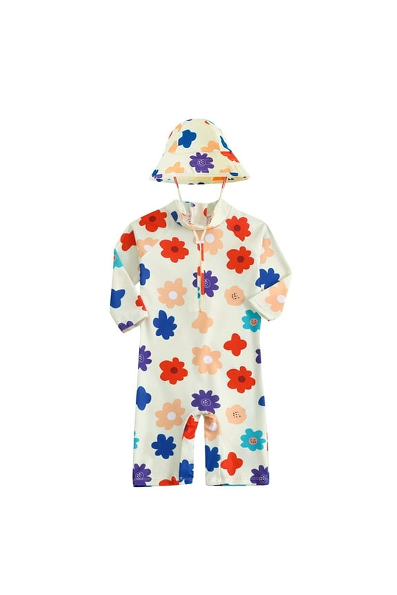 Baby Cute One-Piece Swimsuits with Hat Boys Girls Rash Guard Long Sleeve Swim Romper Floral Zipper Bathing Suits, Beige, 9 Months