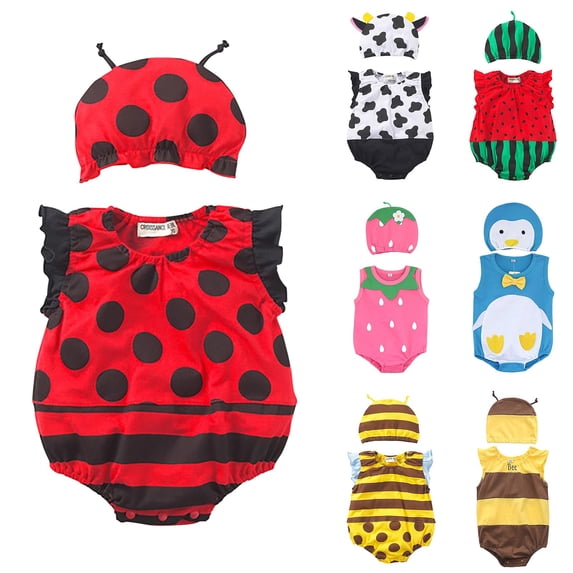 Baby Cute Outfits Animals Fruit Sleeveless Romper Jumpsuit with Matching Hat Halloween Photo Shoot Birthday Party Bodysuit Clothes