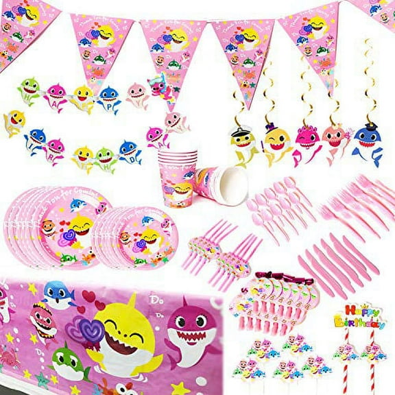 Baby Cute Party Supplies Set, 126 Pieces Party Decoration For Baby Birthday Favor, Shark Party Tableware Cake Topper Banner Pennant Hanging Decorations Whistle Straws And Dessert Set, Doo Doo Decorati