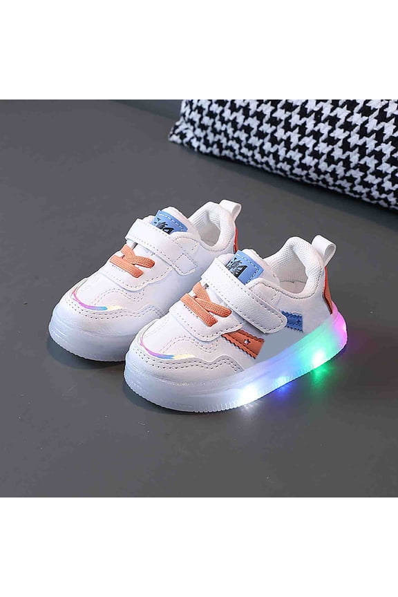 Baby Cute Patchwork Light‑Up Sneakers, Breathable Non‑slip Shock‑absorbing Hook‑and‑loop First Walking Footwear Orange 21