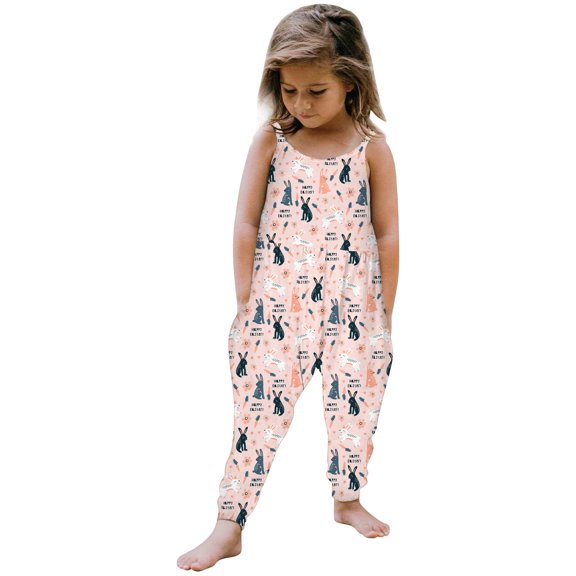 Baby Cute Summer Jumpsuits for Girls Kids Backless Harem Strap Romper Jumpsuit Toddler Pants Easter Bunny Print