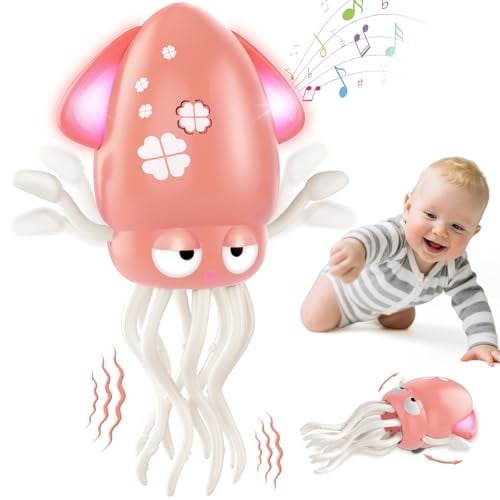 Baby Dancing Octopus Toy for 1 2 3 4 5 Year Old Boy Girl,Baby Tummy Time Electric Crawling Octopus Toys 12-18 Months,Dancing Squid Toy for Walking Toddlers,Kids 1st Birthday Gifts,Pink