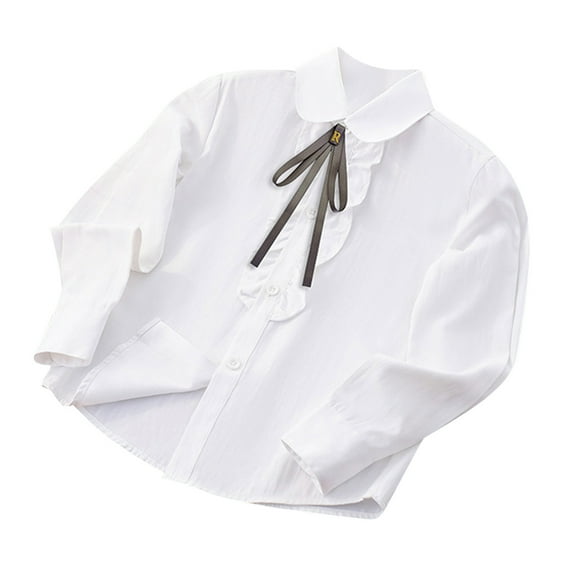 Miqool Girl's Dress Shirts Ruffle Front Long Sleeve Collared Button Down Shirts White Blouses School Uniform 4-16 Years