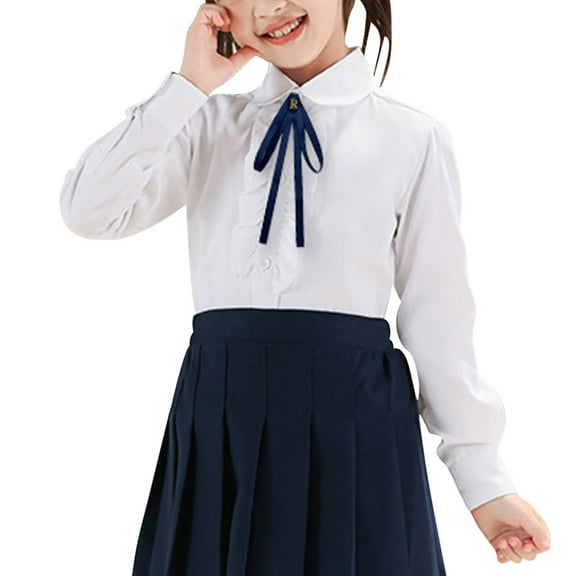 Miqool Girl's Dress Shirts Ruffle Front Long Sleeve Collared Button Down Shirts White Blouses School Uniform 4-16 Years