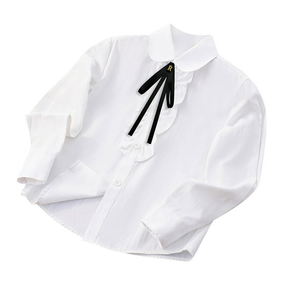 Miqool Girl's Dress Shirts Ruffle Front Long Sleeve Collared Button Down Shirts White Blouses School Uniform 4-16 Years