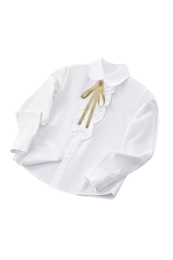Girl's Dress Shirts Ruffle Front Long Sleeve Collared Button Down Shirts White Blouses School Uniform 4-16 Years