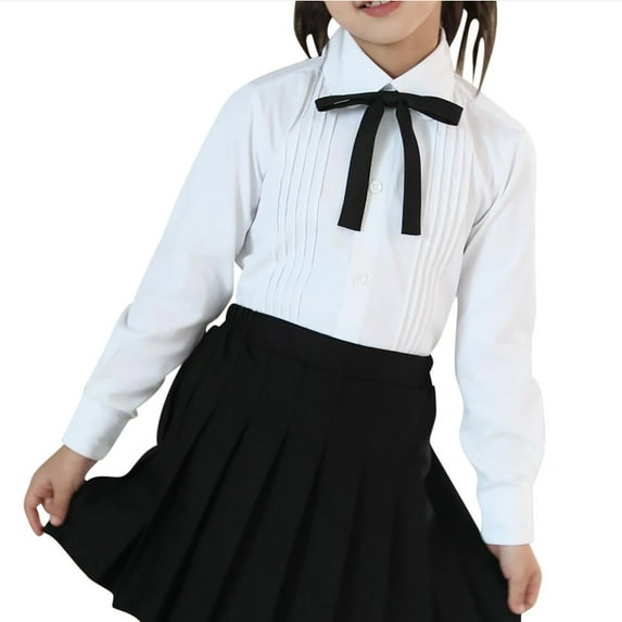 Miqool Uniform Shirts for Girls Collared Long Sleeve Button Down Pleated Shirts White Blouses Uniform with Bowknot