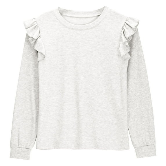 Baby Days YLSDY 4-13 Years Girls Casual Loose Fit Tunic Tops Solid Blouses Sweaters Cute Crewneck Ruffle Long Sleeve Knit Pullover Sweater Tops White 110