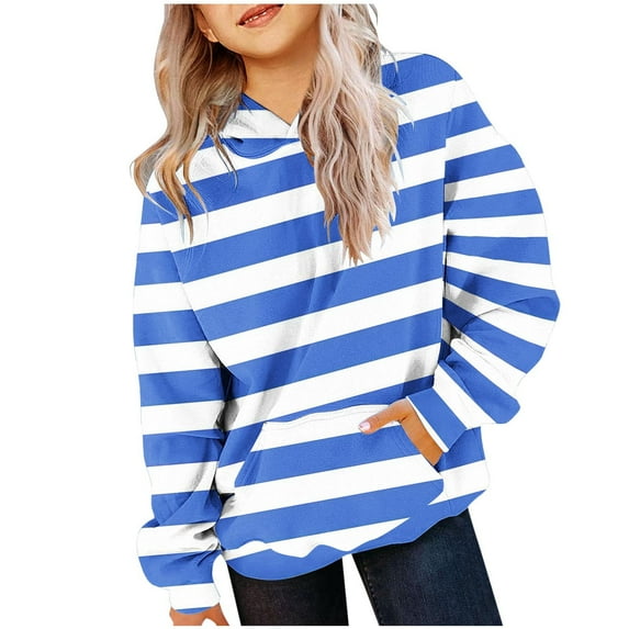 Baby Days YLSDY Fashion Children Boys Girls Sweatshirt Winter Casual Long Sleeve Striped Printed Scoop Neck Fleece Warm Pocket Hooded Blouse Blue 5 Years