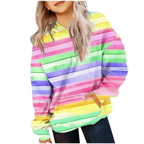 Baby Days YLSDY Hoodies for Girls Color Block Striped Print Drawstring Pullover Sweatshirts with Pocket Casual Stylish Relaxed Fit Tops Multicolor 5-6 Years
