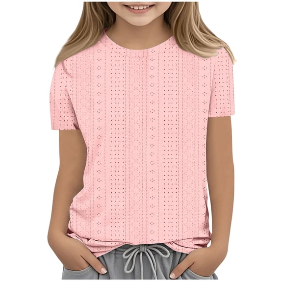 Baby Days YLSDY T Shirts for Girls 3-12 Years Eyelet Tops Loose Fit Summer Fashion Short Sleeve Pullover Tee Shirts Casual Hollow Tops Pink 110