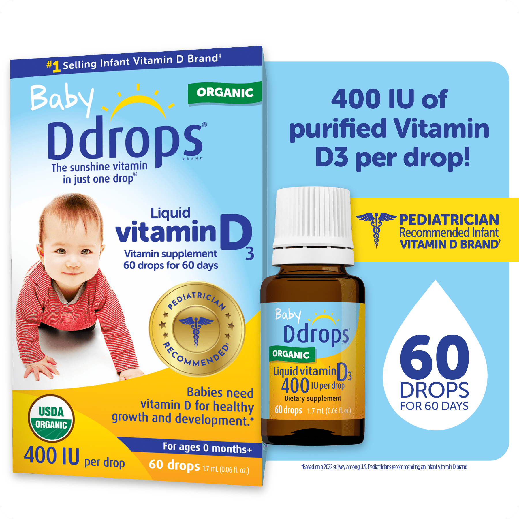 Baby Ddrops Liquid Organic Vitamin D3 Drops, 400 IU Per Drop, 0.06 fl oz