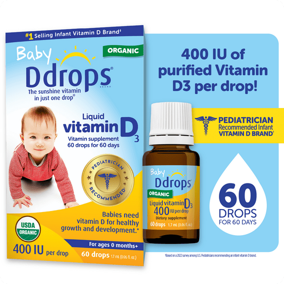 Baby Ddrops Liquid Organic Vitamin D3 Drops, 400 IU Per Drop, 0.06 fl oz