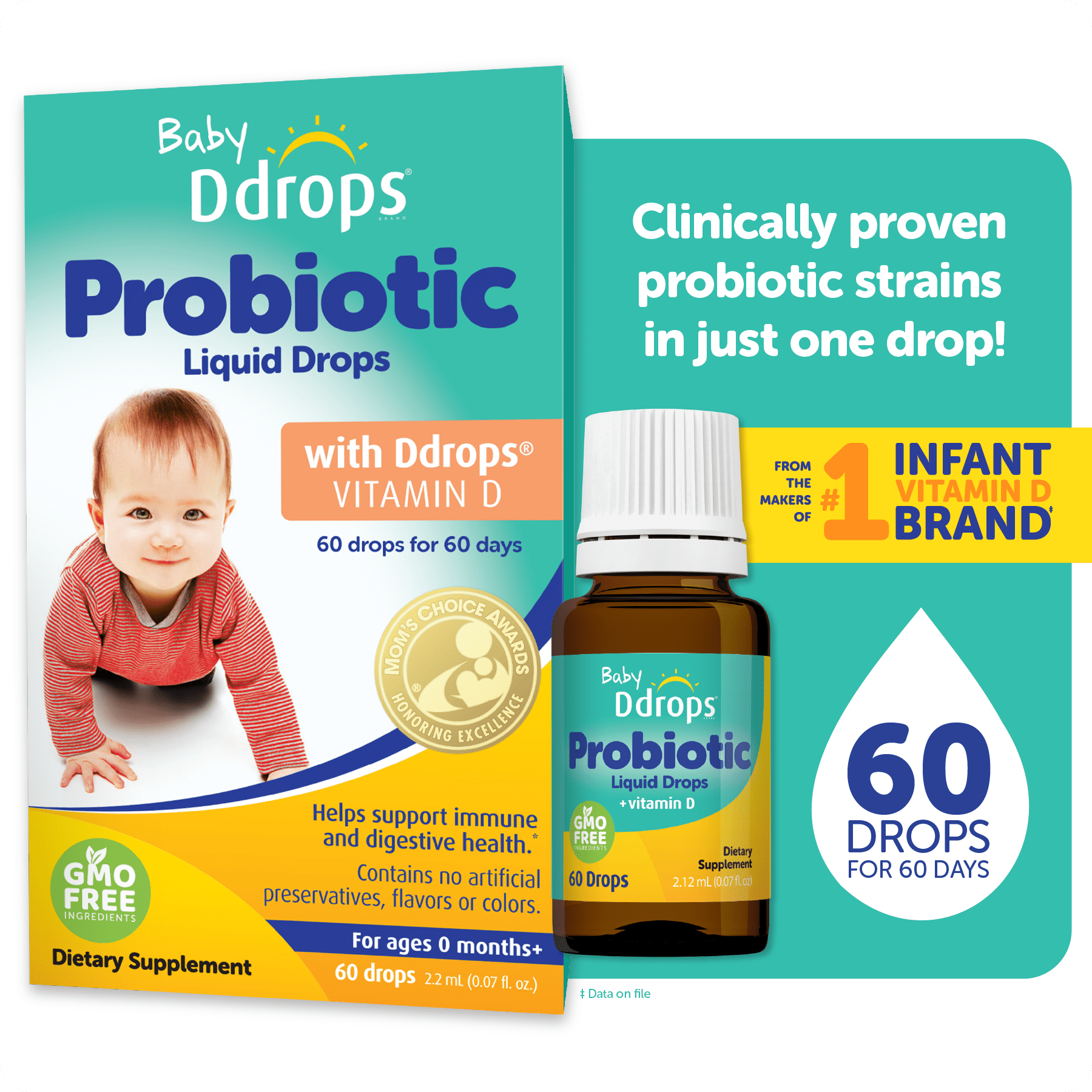 Baby Ddrops Probiotic Liquid Drops with Vitamin D for Newborns and Infants, 0.07 fl oz