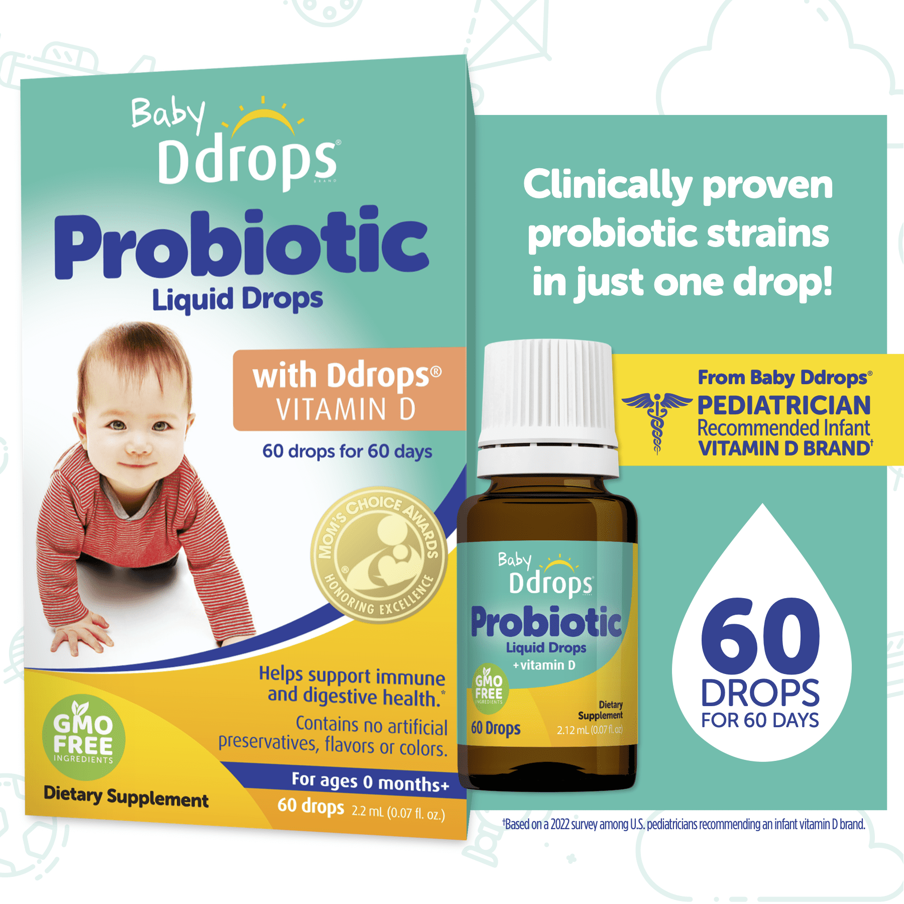 Baby Ddrops Probiotic Liquid Drops with Ddrops Vitamin D, 0.07 fl oz ...