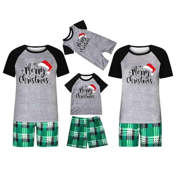 Baby Deals!Christmas Short Sleeve Family Pajamas Merry Christmas Santa's Hat Pajamas Round Neck Shirts Plaid Shorts Plus Size One Piece Pajamas Christmas Gifts for Baby