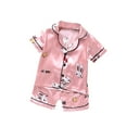 thumbnail image 1 of Baby Deals Miqool Toddler Baby Boys Girls Satin Pajamas Sets Short Sleeve Button Down Pajama Shirt Top & Shorts 2 Piece Silk Satin Pjs Sets Sleepwear 9 Months - 5 Years, 1 of 7