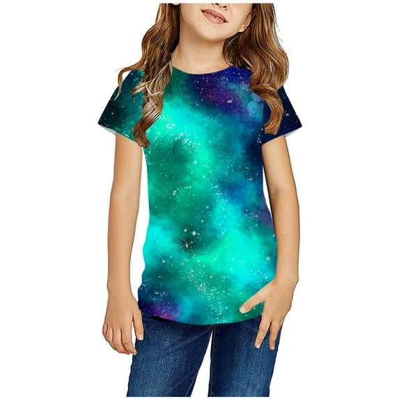 YANHAIGONG Cute Galaxy Tie Dye Shirts for Girls,3-14 Years Kid Girls Tie Dye Graphic Crop Tee,Colorful Round Neck Short Sleeve Casual Summer Blouses,Cute Tee Shirt Tops
