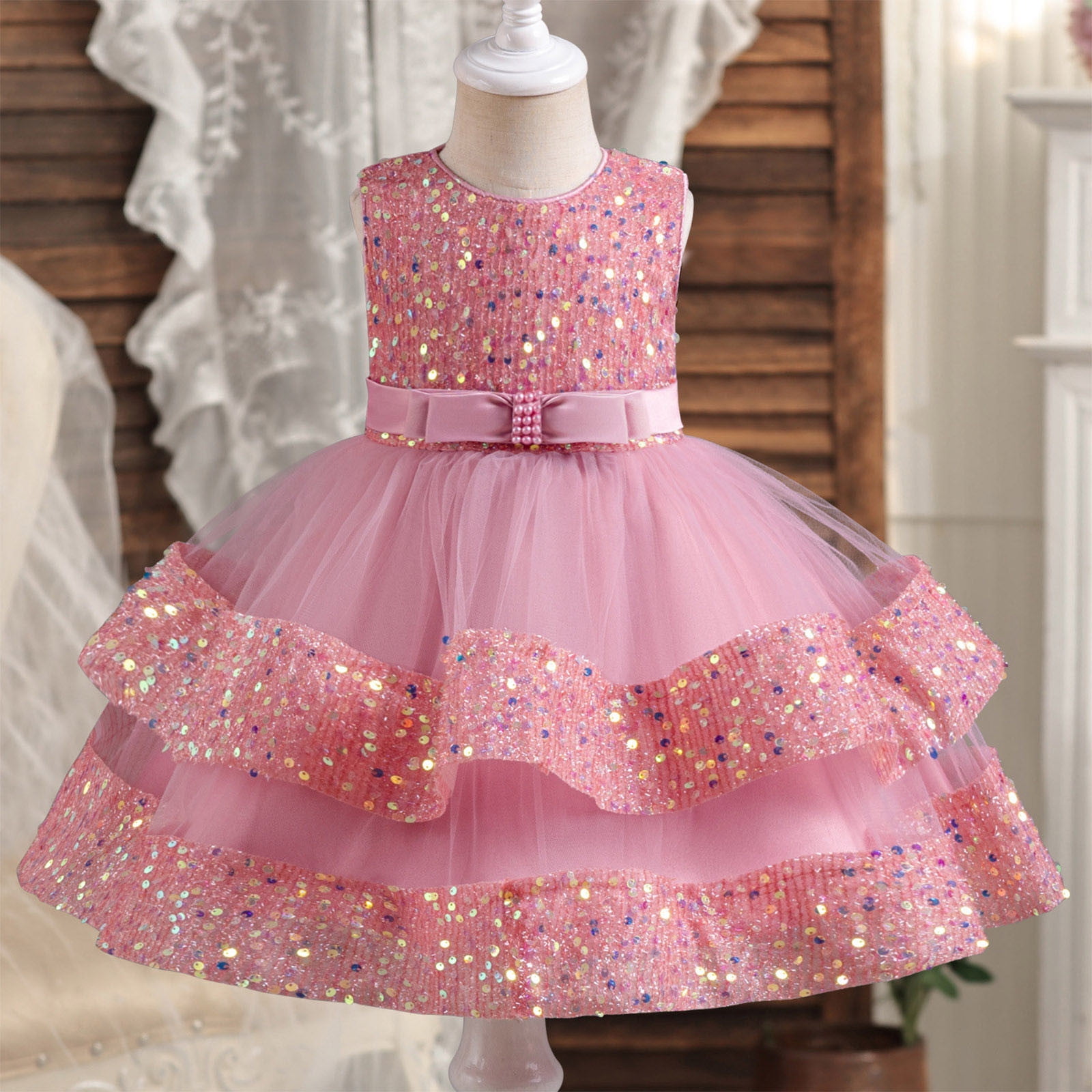 OBEEII Girls Sequin Party Dress - Sparkly Ruffle Sleeve A-Line Dress With Belt For Birthday, Pageant - View #3