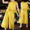 thumbnail image 1 of YANHAIGONG kids Girls 2 Piece Outfit ,4-14 Years Girl's Summer 2 Piece Outfits Round Neck Tops Cropped Wide Leg Pants Set,Solid Top Wide Leg Pants Ruffle Hem Summer Clothes, 1 of 4