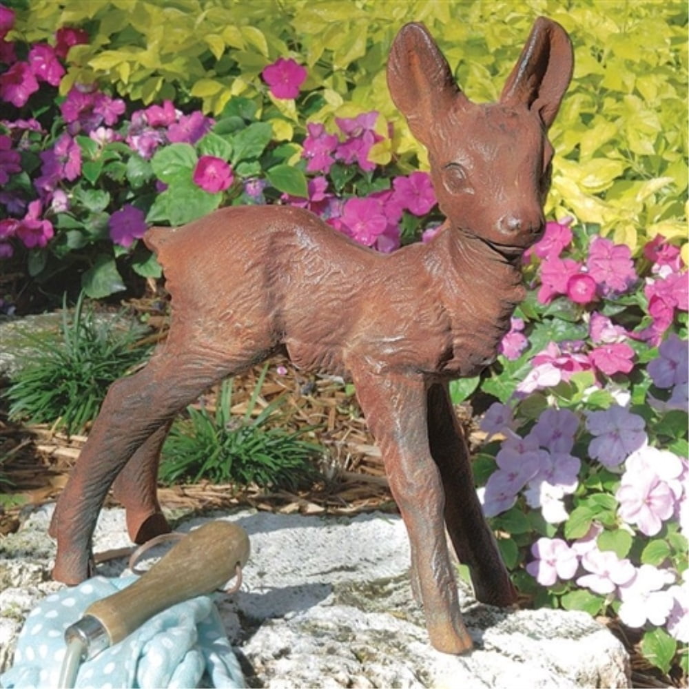 Hand-Painted Brown Metal Baby Deer Fawn Garden Statue
