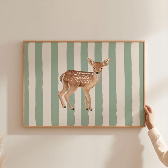 Baby Deer Fawn Nursery | Cute Animal Art & Landscape | Saga Green Stripe Line Pattern For ' Home Baby Room Unframed Paper Print