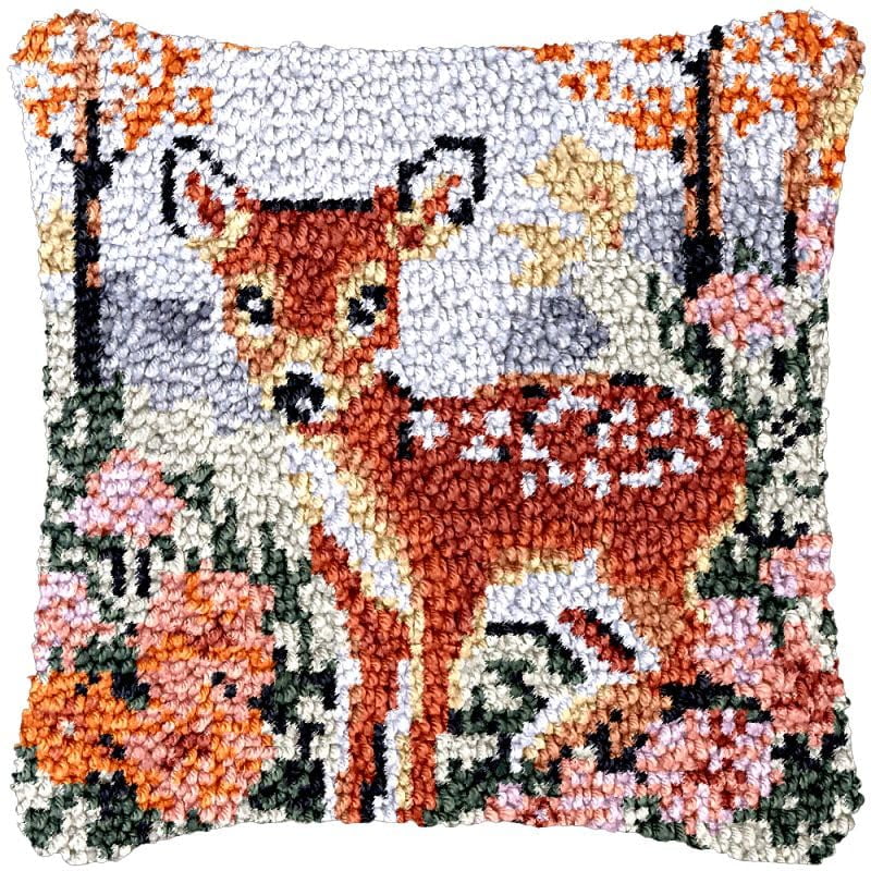 Baby Deer Latch Hook Pillow Cover Kits for Needlework Cushion Throw Pillow Cross Stitch Crochet Hook Pillowcase Rug Kits Printed Canvas Crochet Yarn Kits Needlework 17'' X 17''