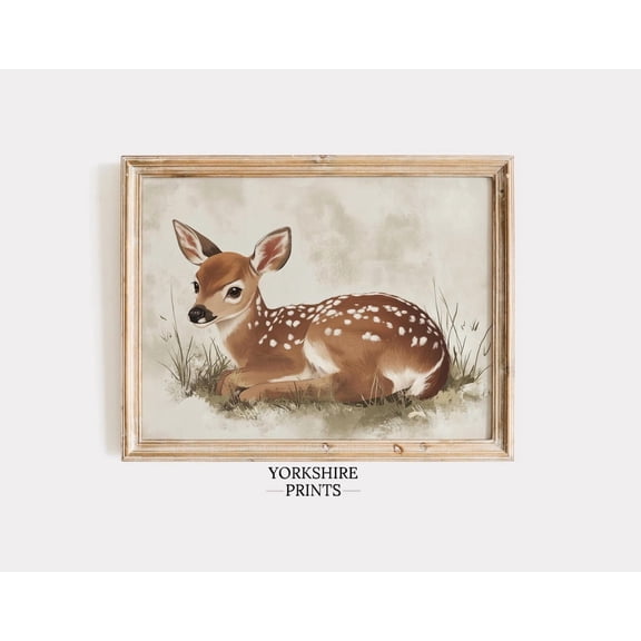 Baby Deer Print, Vintage Fawn Illustration, Woodland Nursery Art Home Decor #3867, 12x18 UNFRAMED