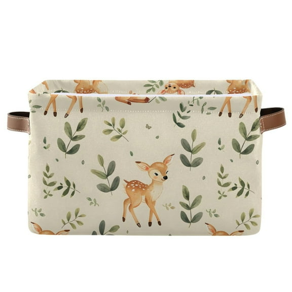 Baby Deer and Leaves Storage Bins with Handle Fabric Organizer Basket Foldable Box 1 Pack 14.2x10.2x8.3