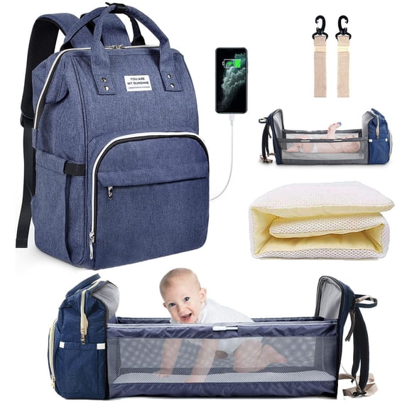 Baby Diaper Bag Backpack with Changing Station for Boy Girl,Portable Bassinets with USB Charging Port, Multifunction Waterproof Travel Back Pack , Dad Mom Travel Large Blue Diaper Bags