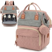 DERSTUEWE Baby Diaper Bag Backpack, Multifunctional Waterproof Portable Baby Bag for Travel， Pink Grey