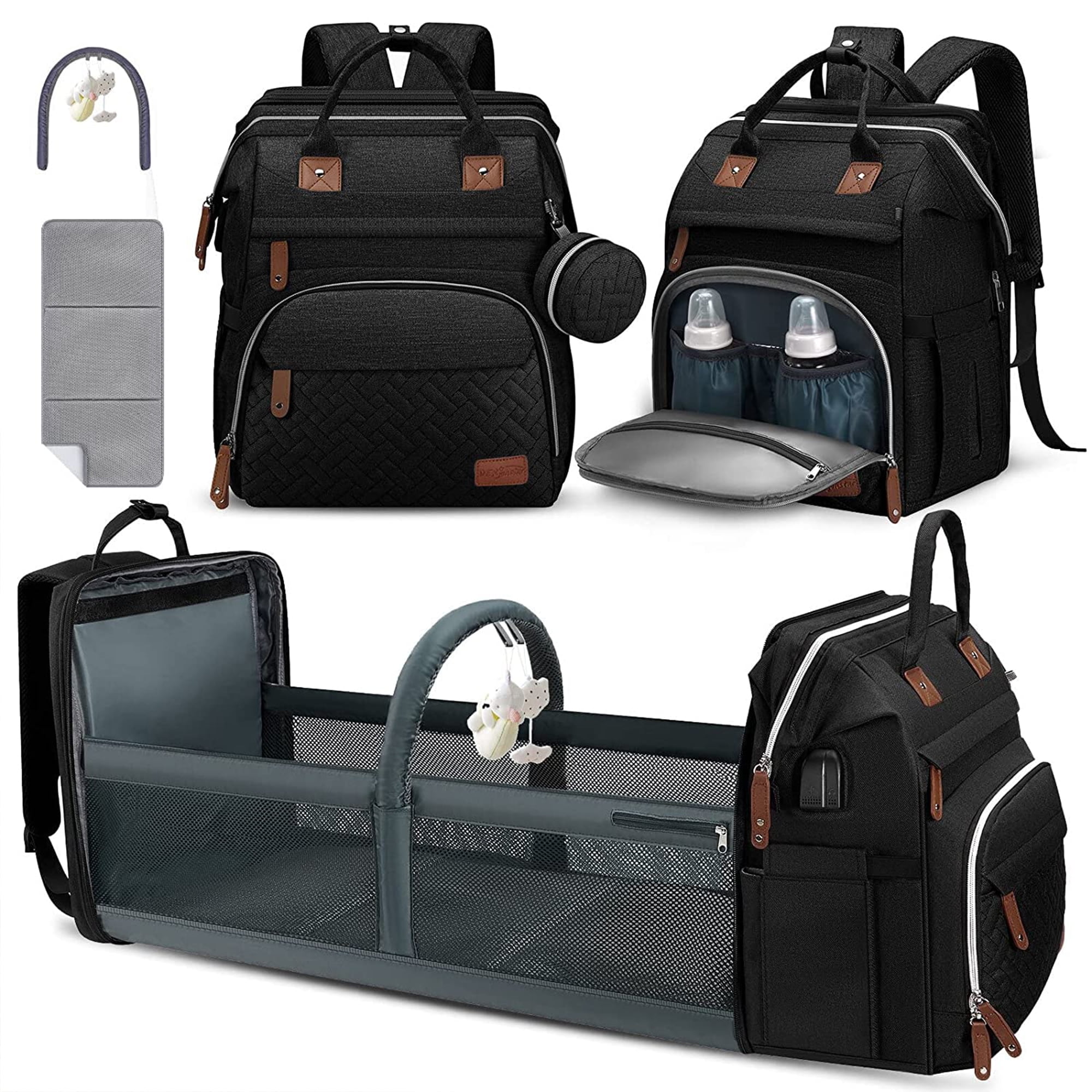 DerJunstar - Mochila para pañales con cambiador para bebés con cuna  portátil, impermeable, puerto de carga USB, sombrilla, color gris claro