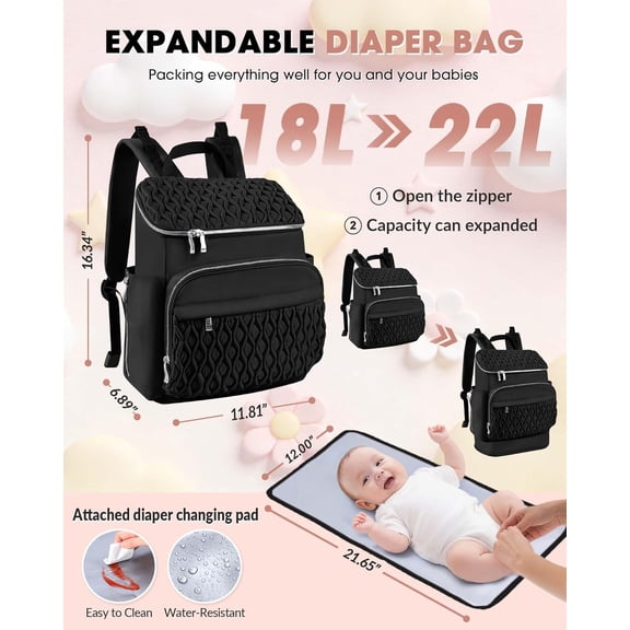 Baby Diaper Bag Backpack, Expandable Baby Bag for Girl Boy, Travel Diaper Backpack with Insulated Pocket, Changing Pad, Quilted Diaper Bag for Mom Dad, Newborn Baby Essentials Must Have Black