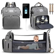 Diaper Bag Backpack with Changing Station, Baby Diaper Bag Backpack with Portable Crib, Large Capacity Diaper Backpack with Insulated Bottle Pockets & Stroller Straps for Mom Dad, Gray